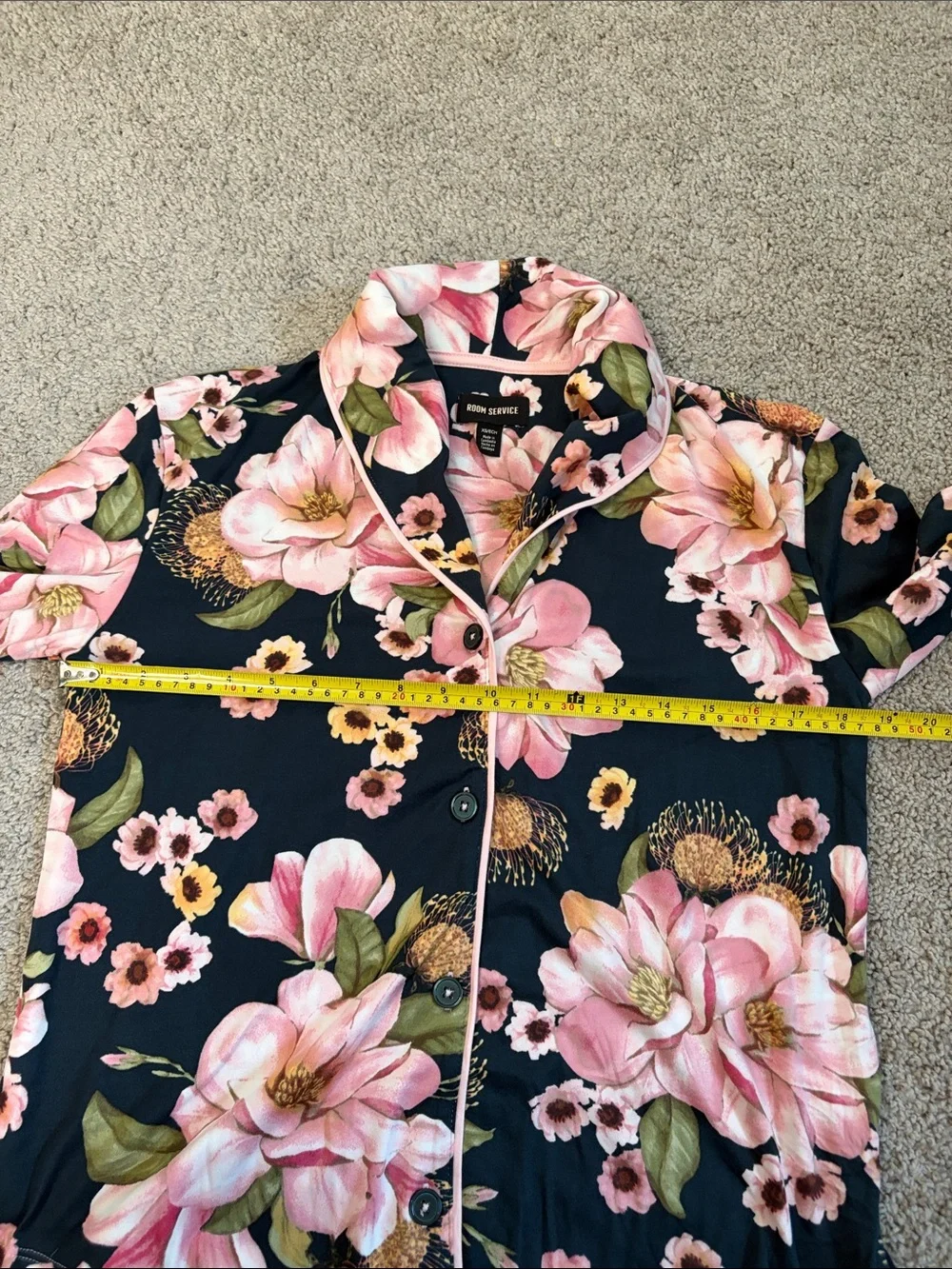 Room Service Dark Floral Pajamas Sleep Loungewear Set Pink Black XS Pockets